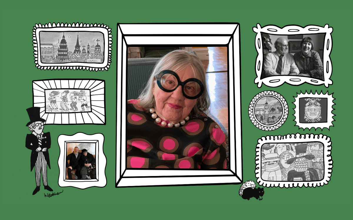 Barbara Westman and a collage of her illustrations