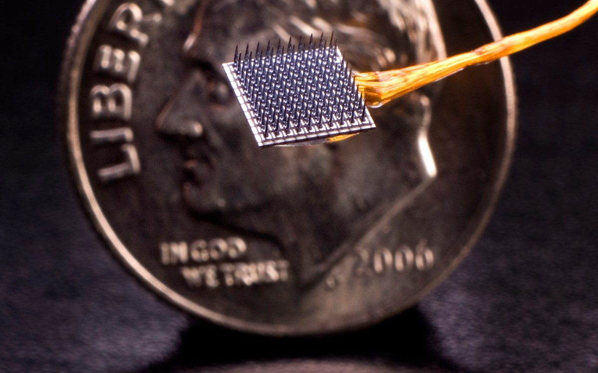 an array brain-computer interface "array" next to a penny