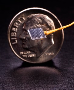 an array brain-computer interface "array" next to a penny