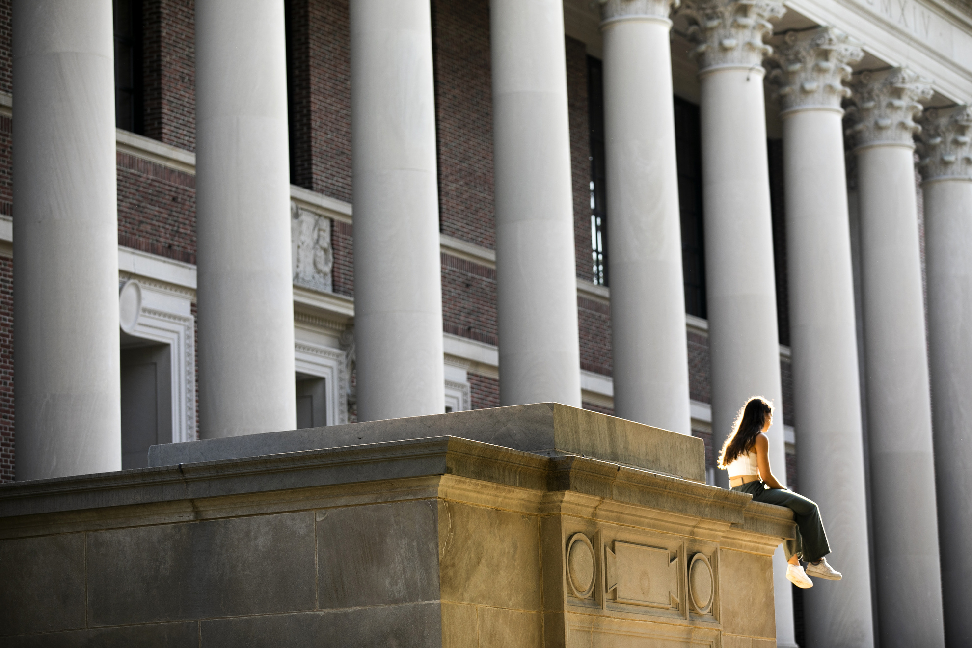 A person sits atop the steps of Widener Library.