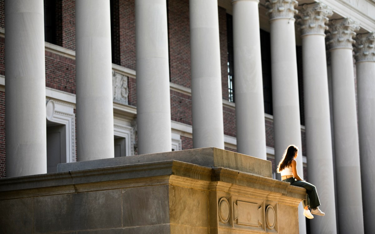 A person sits atop the steps of Widener Library.
