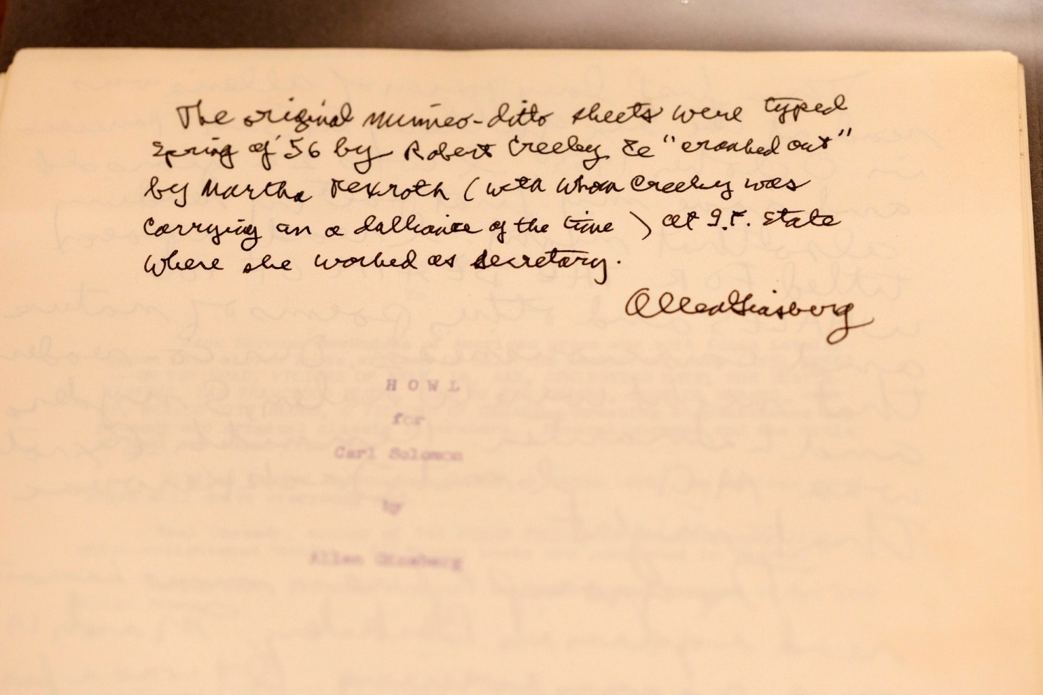 A rare early copy of “Howl” by Allen Ginsberg clandestinely printed on a mimeograph machine at San Francisco State University.” The version published later that year by City Lights Press was seized for obscenity by U.S. Customs.