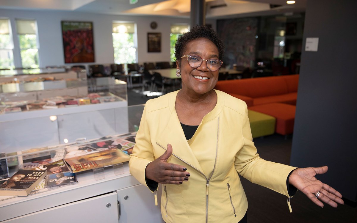 Inside the Hiphop Archive and Research Institute, Marcyliena Morgan shows the collections.