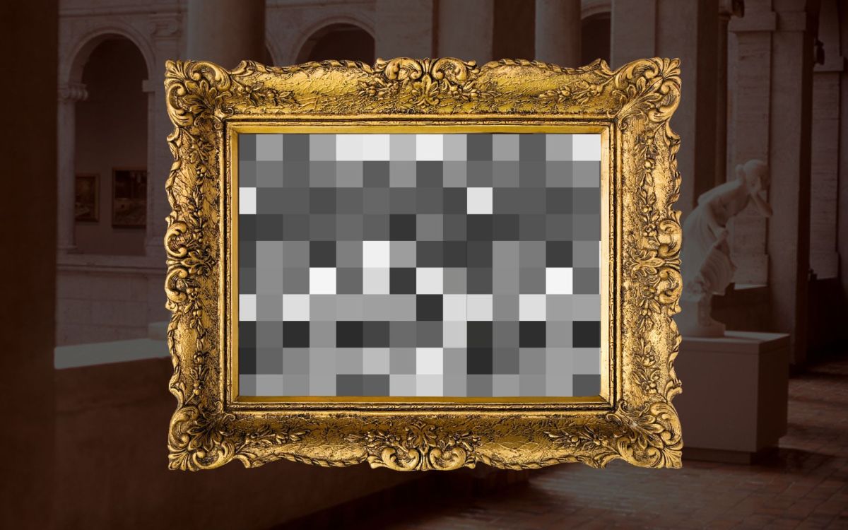 An ornate gold picture frame displays pixelated gray squares.