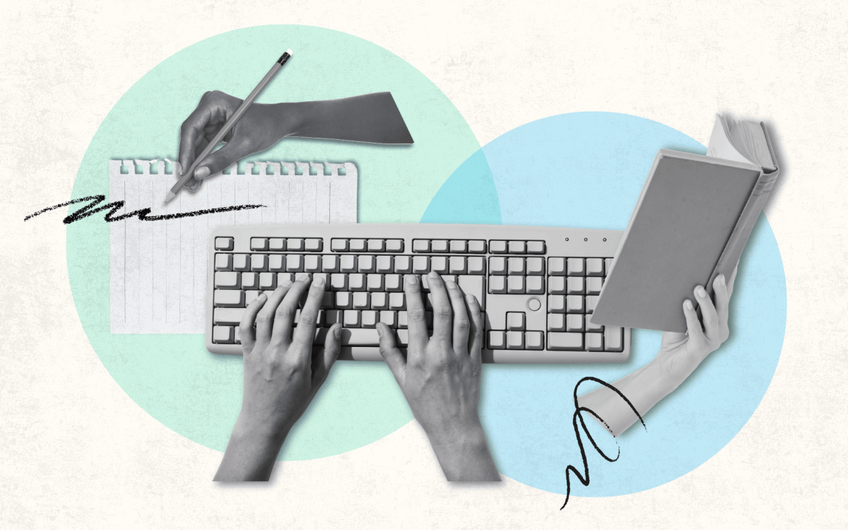 hands that are writing, typing, and holding a book
