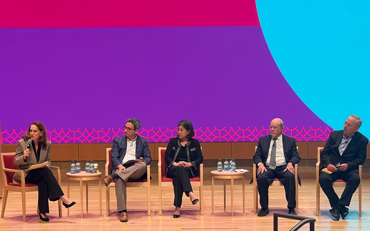 Moderator Debora Spar (from left) Oren Cass, Katherine Tai, Robert Lawence, Lawrence Summers.