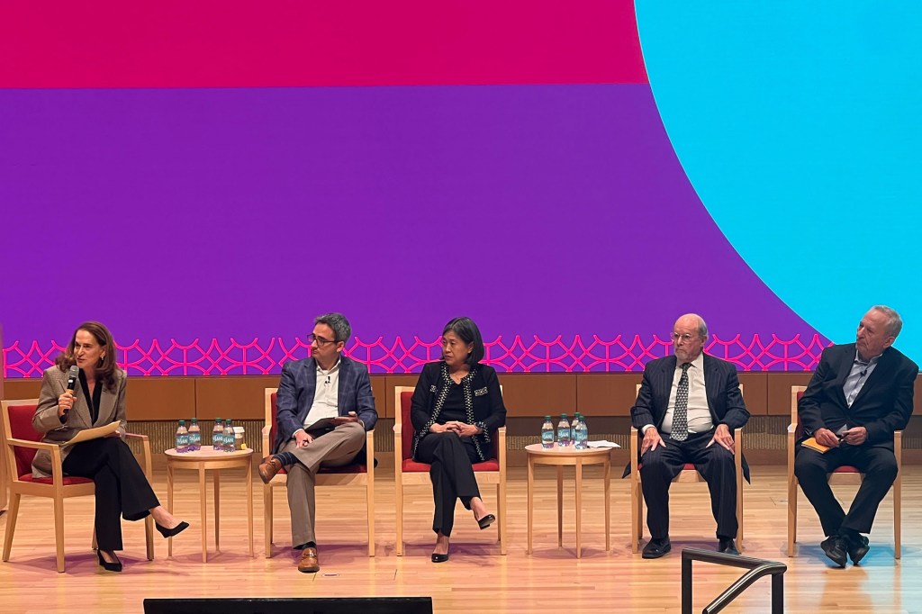 Moderator Debora Spar (from left) Oren Cass, Katherine Tai, Robert Lawence, Lawrence Summers.