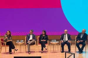 Moderator Debora Spar (from left) Oren Cass, Katherine Tai, Robert Lawence, Lawrence Summers.