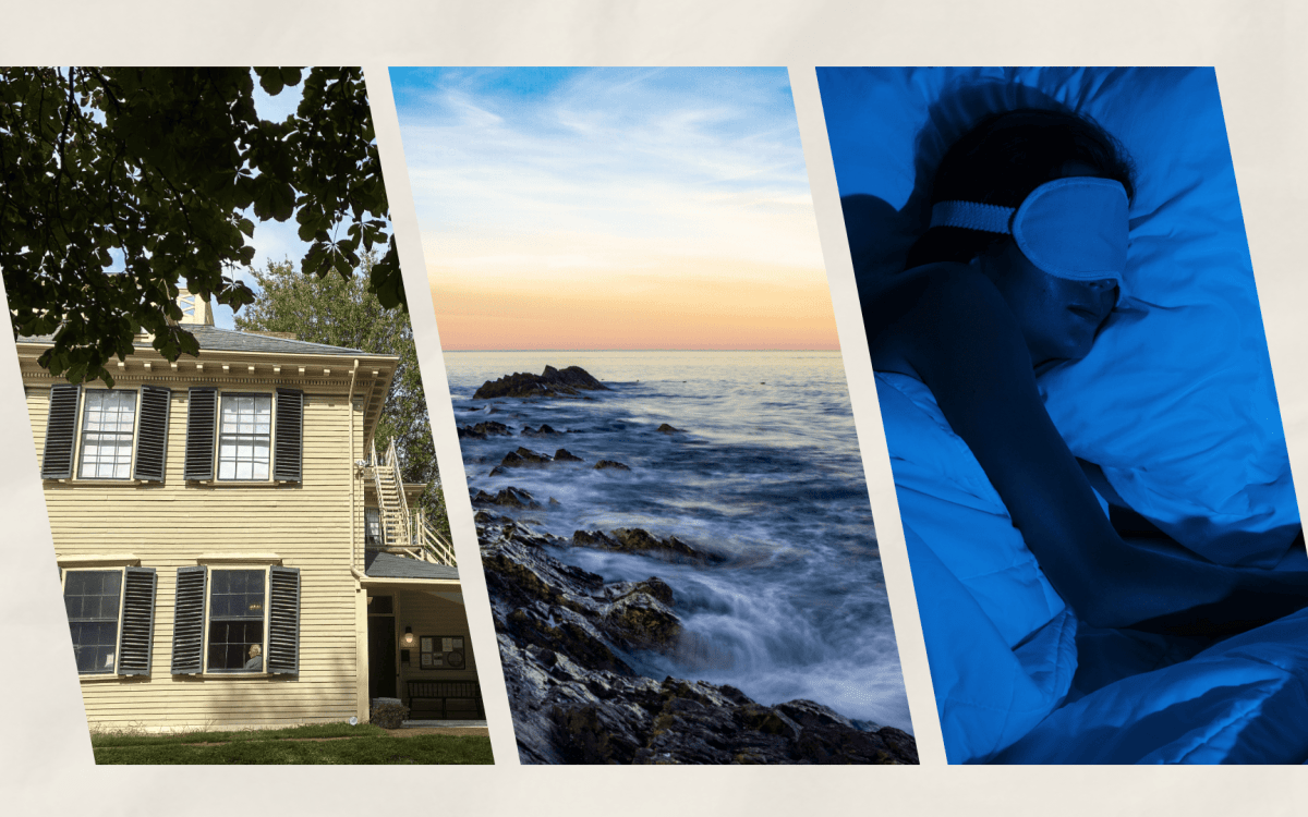 Collage of historic building, ocean, person sleeping.