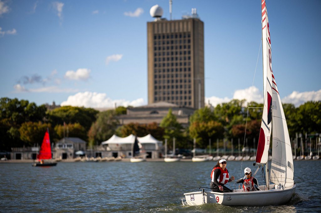 Olivia Hogan-Lopez sailing on the Charles.