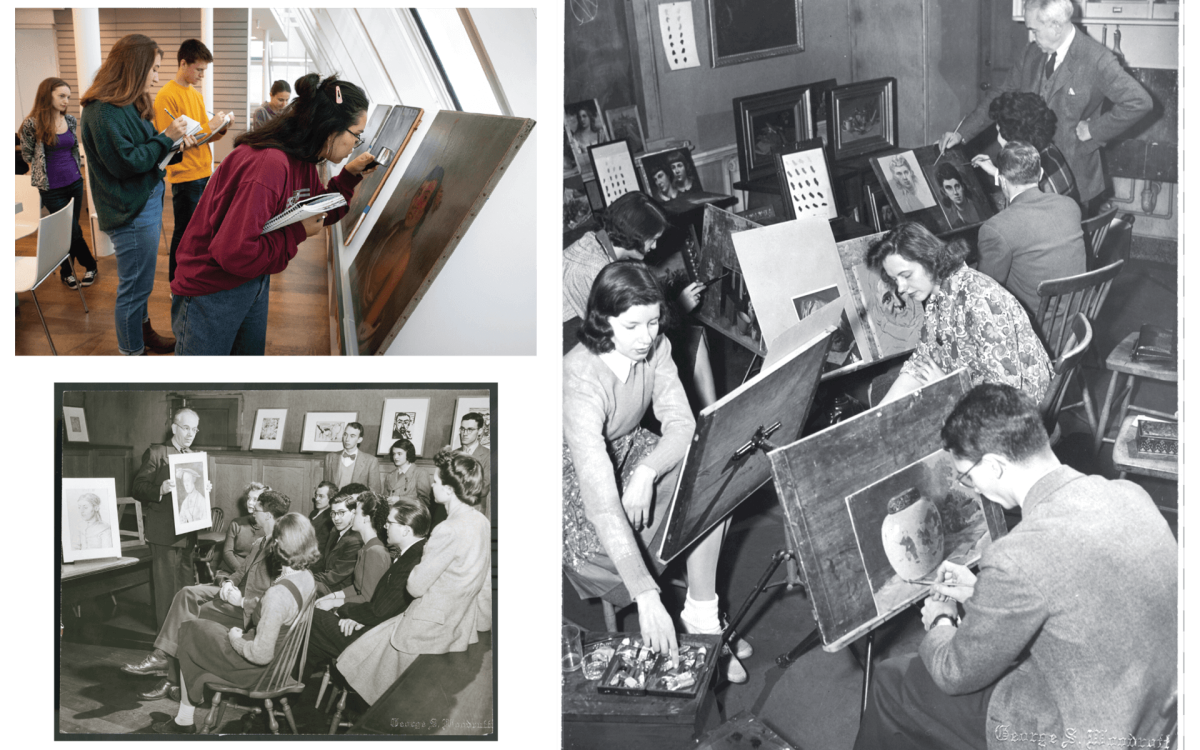 Collage of students taking art history courses at Harvard from 2019 and 1944.