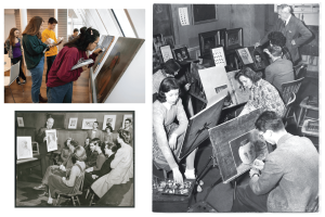 Collage of students taking art history courses at Harvard from 2019 and 1944.