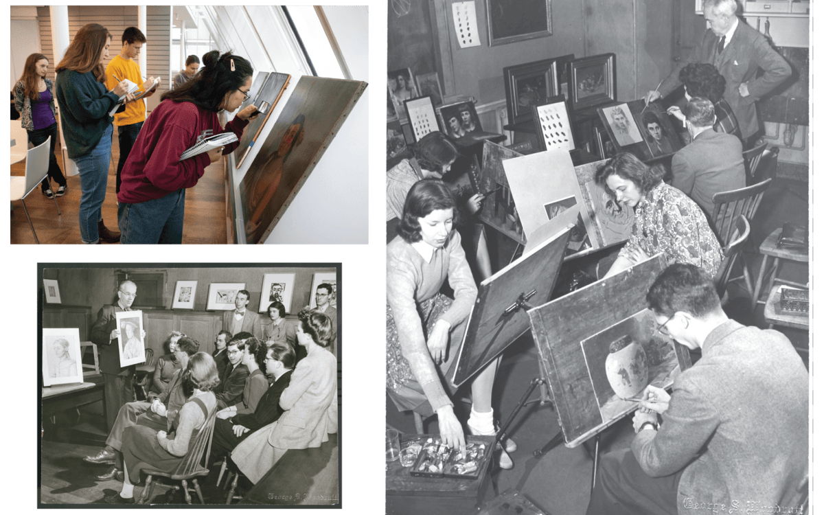 Collage of students taking art history courses at Harvard from 2019 and 1944.