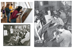 Collage of students taking art history courses at Harvard from 2019 and 1944.