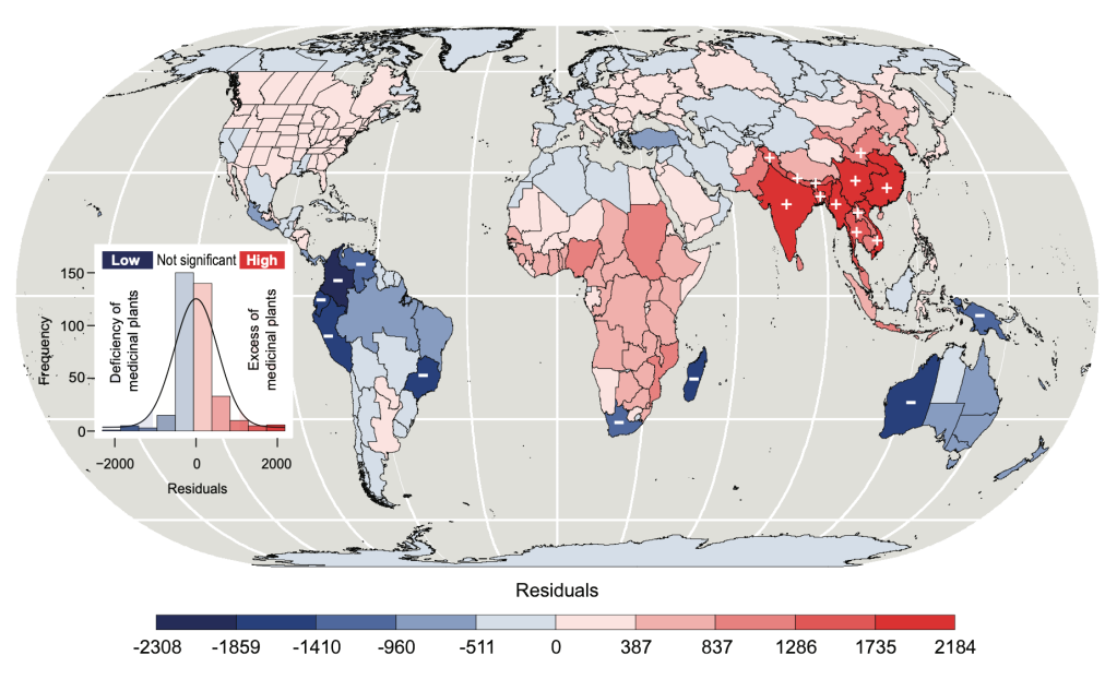 Global map of locations with medicinal plants. African and south east asian regions have the most amount of medicinal plants.
