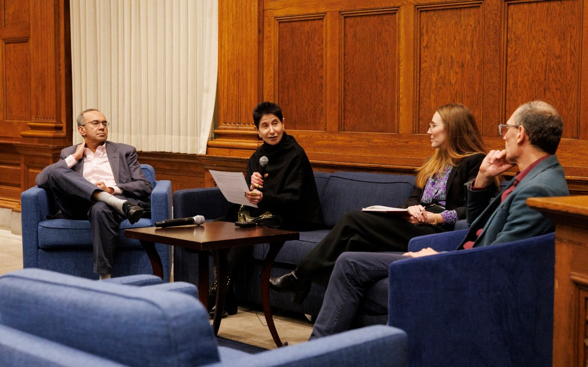 Tarun Khanna (from left), Doris Sommer, Moira Weigel, and Martin Puchner speaking during the event. Views of the “Who needs the humanities?”