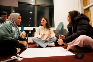 Nazifa Muntaha ’29 (from left), Noa Rone ’29, and Brooke Johnstone ’29