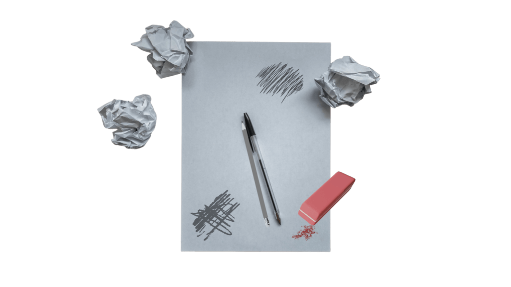 pieces of paper with eraser and pencil and pen