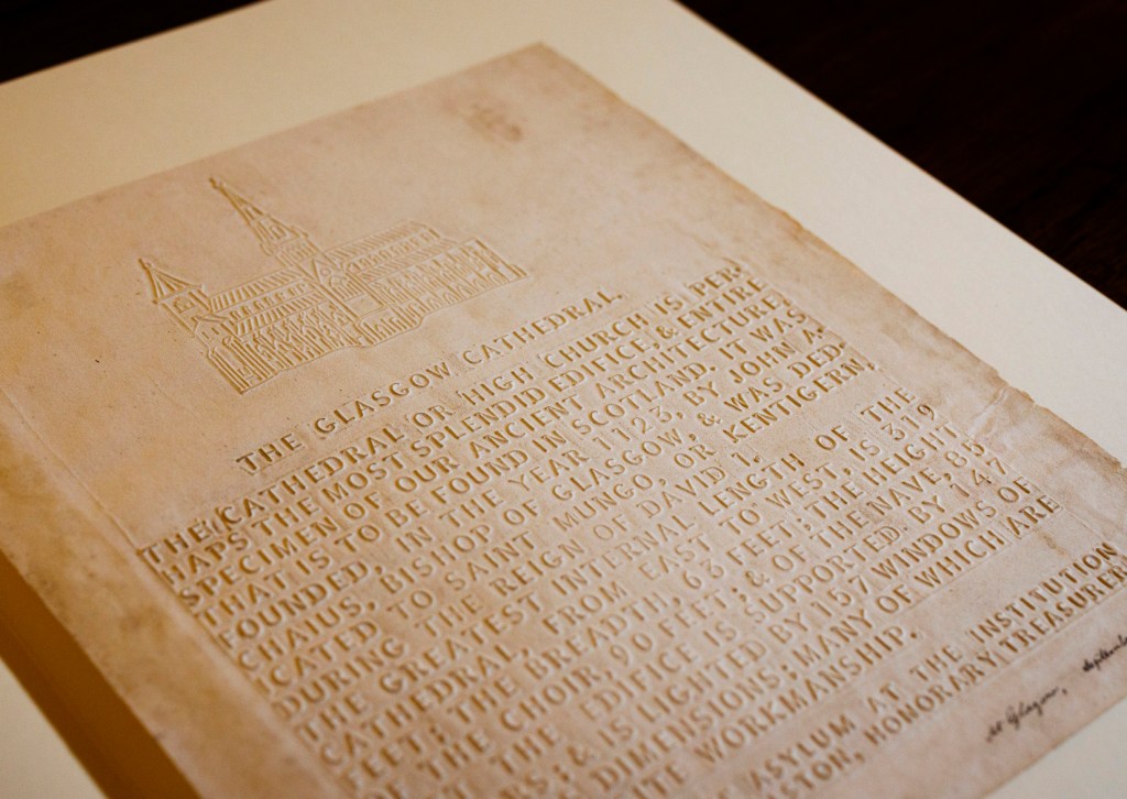 Embossed Alston Type broadsheet "The Glasgow Cathedral,” printed for blind readers.
