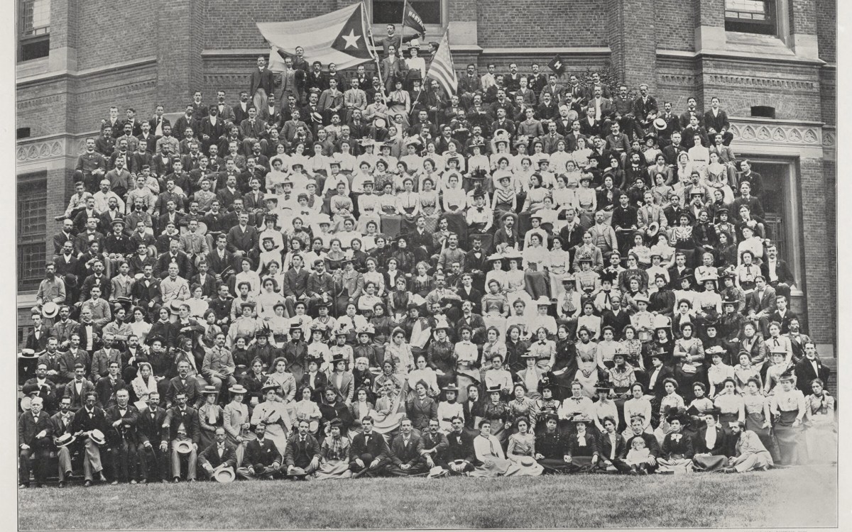 Teachers, men and women ages 16 to 60, traveled to Massachusetts via U.S. Army warship and mugged for a group photo before Memorial Hall.