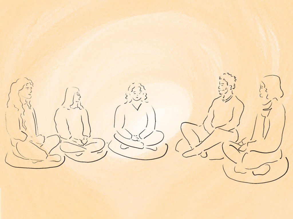 Illustration of a group of people meditating.