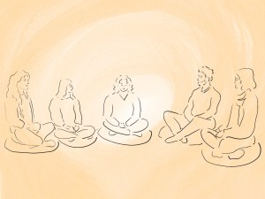 Illustration of a group of people meditating.