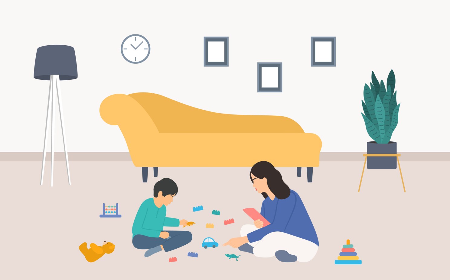 Illustration of a child psychologist watching a little boy with toys. 