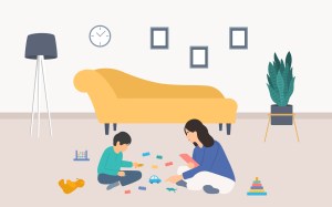 Illustration of a child psychologist watching a little boy with toys.