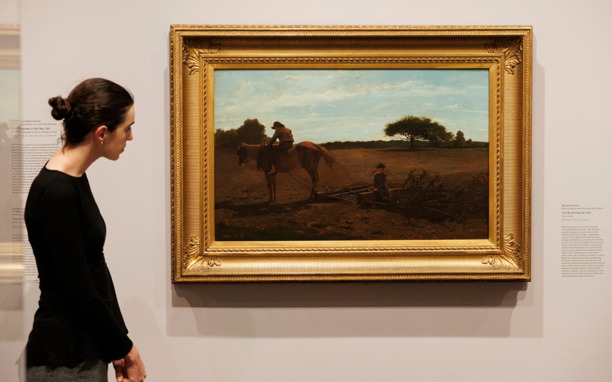 An attendee looking at Winslow Homer’s “The Brush Harrow,” 186