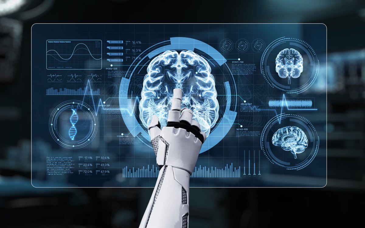Close up of robotic hand pointing and clicking at brain holographic to access medical data or diagnosis symptom.