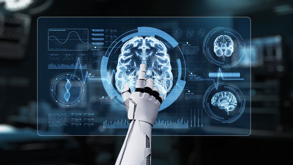 Close up of robotic hand pointing and clicking at brain holographic to access medical data or diagnosis symptom.