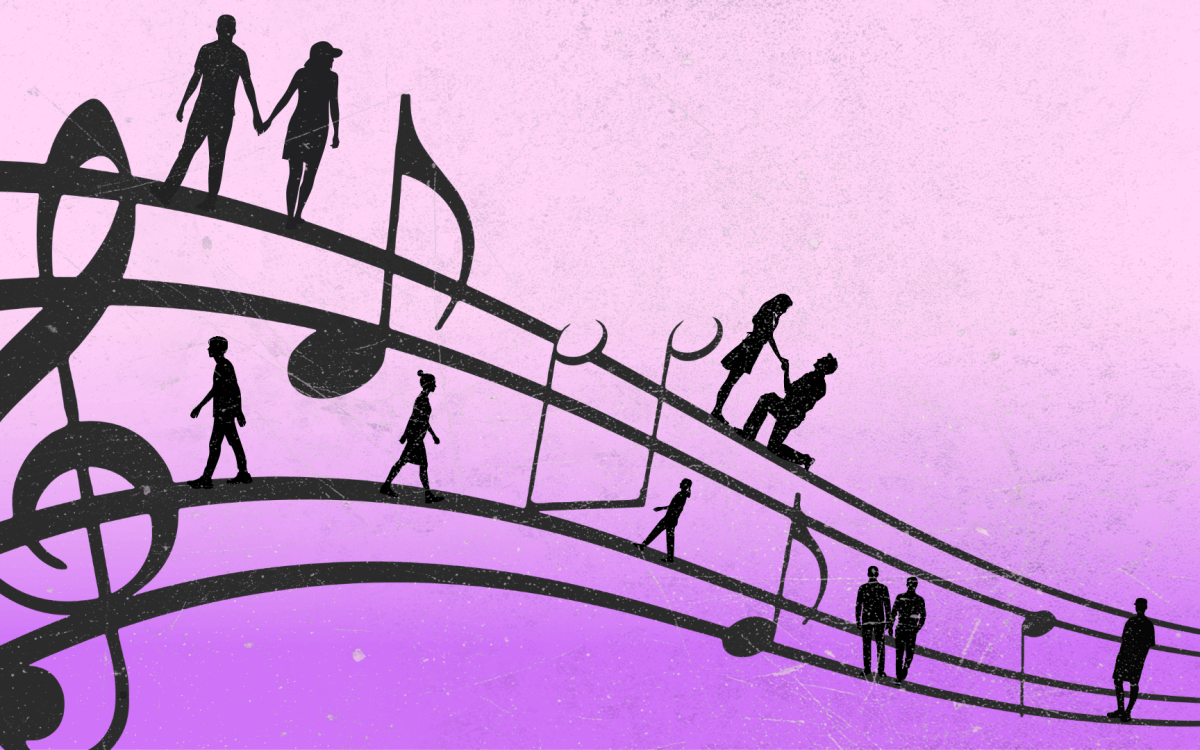 couples walking on a musical scale