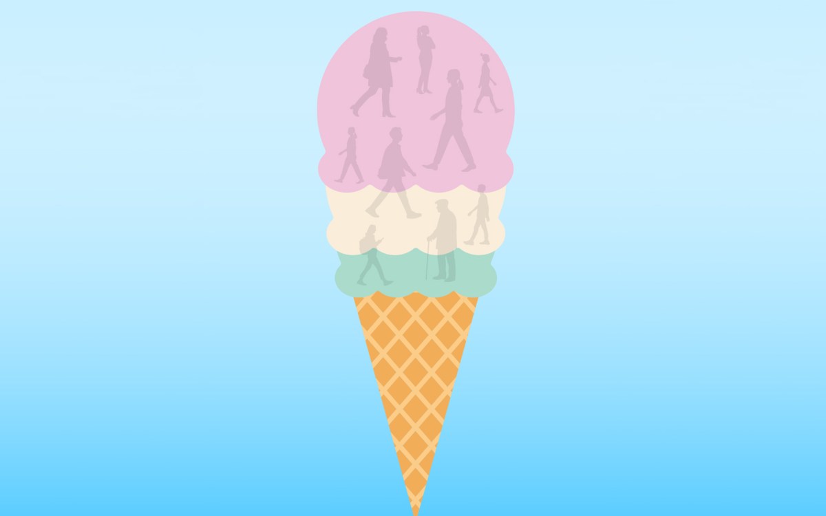 Illustration of ice cream cone and people engaging in healthy behavior.
