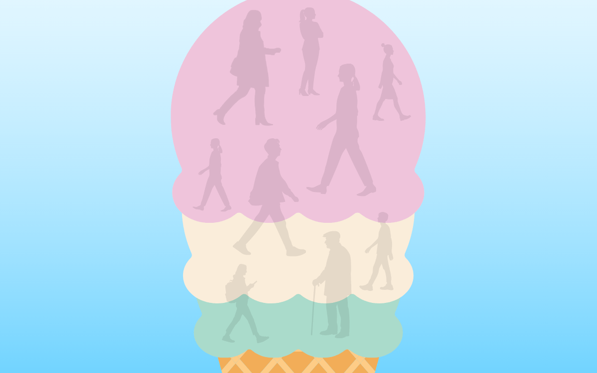 Illustration of an ice cream cone with figures of all ages seen in the scoops.