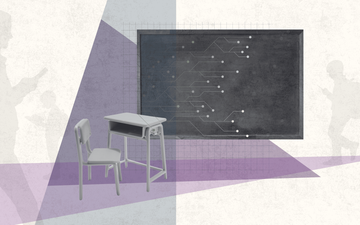 Illustration of a boy reading with class in background.