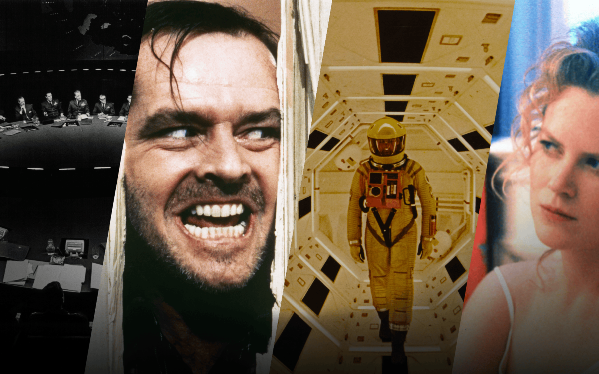 Collage of scenes from Stanley Kubrick movies "Dr. Strangelove," "The Shinking," "2001: A Space Odyssey," and "Eyes Wide Shut."