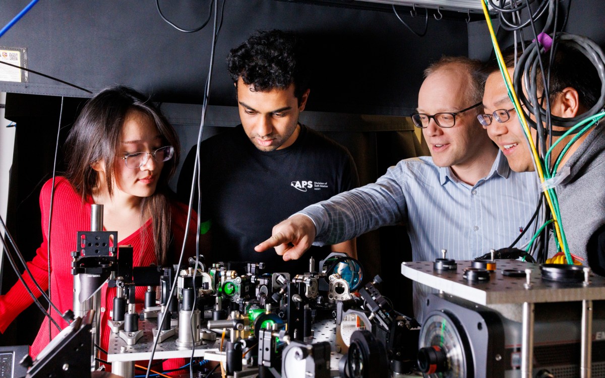 Chris Laumann (second from right), an associate professor of Physics at Boston University, points to a research instrument as Graduate students Esther Wang and Srinivas Mandyam, and Norman Yao.