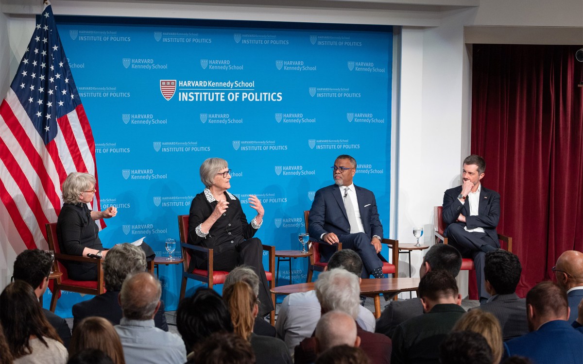Jill Lepore, Drew Faust, Eddie Glaude and Pete Buttigieg at the JFK Forum.