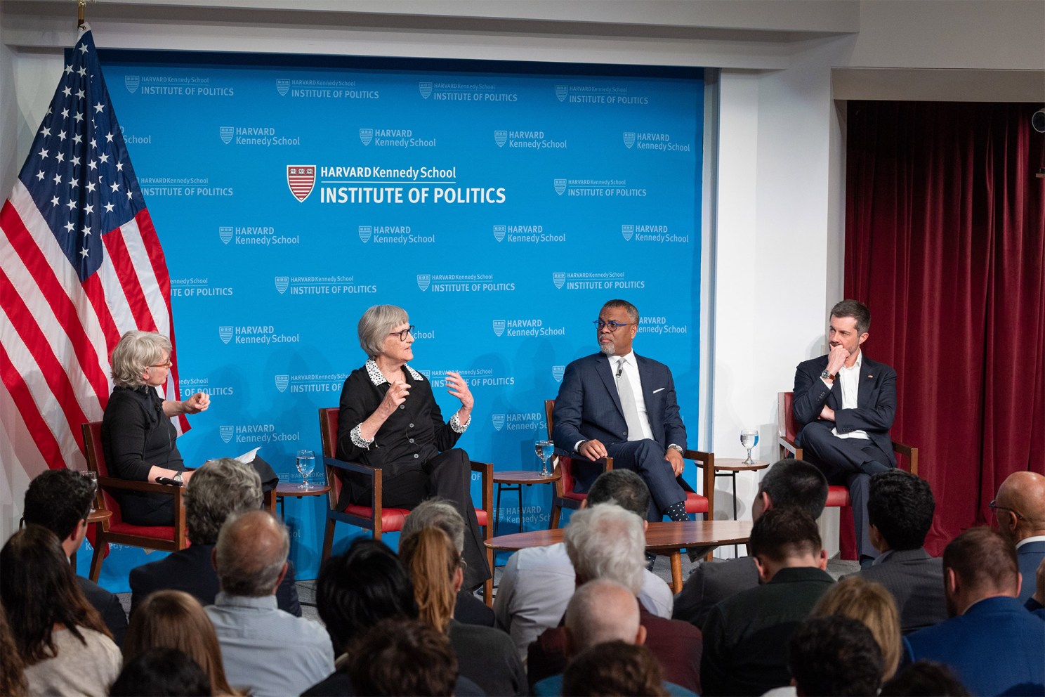 Jill Lepore, Drew Faust, Eddie Glaude and Pete Buttigieg at the JFK Forum.
