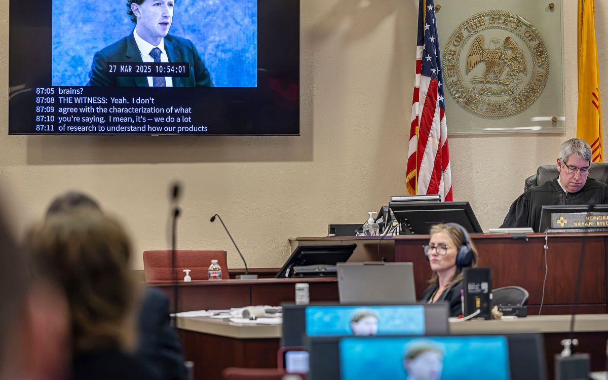 A trial room with a recording on Mark Zuckerberg playing