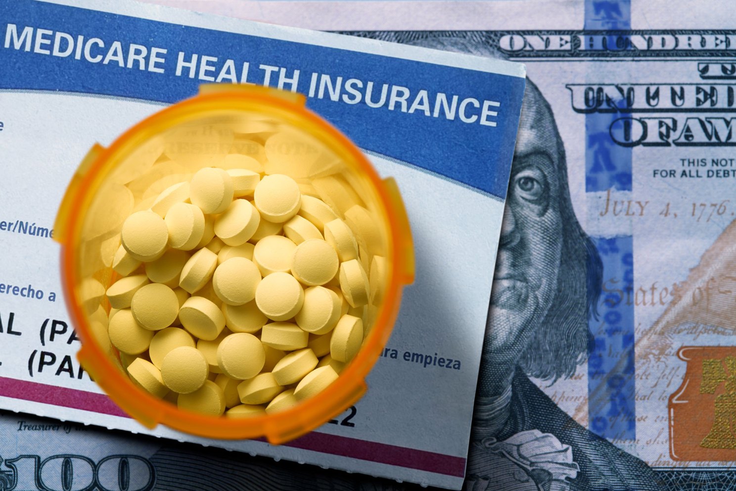 Medication, with money and a Medicare card.