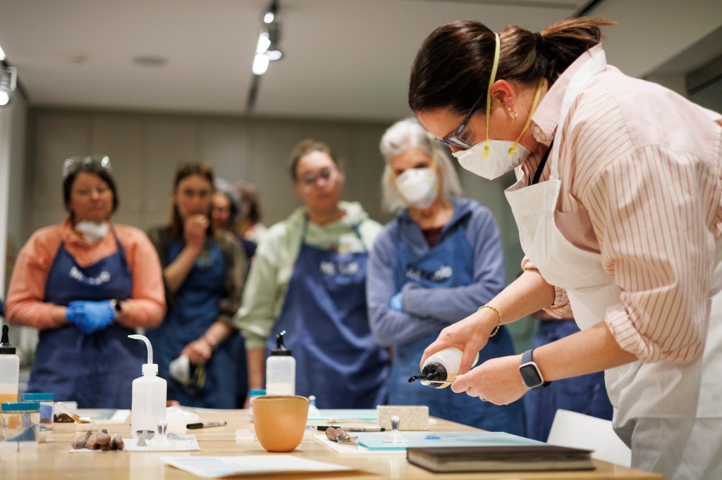 Lisa Barro demonstrates how to make watercolor paint from Egyptian Blue pigment.