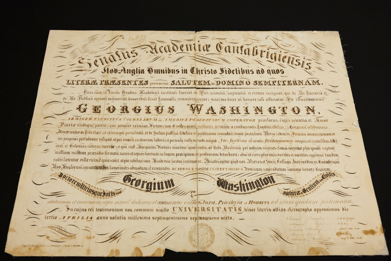 A photo of the honorary degree awarded to George Washington in 1781. 