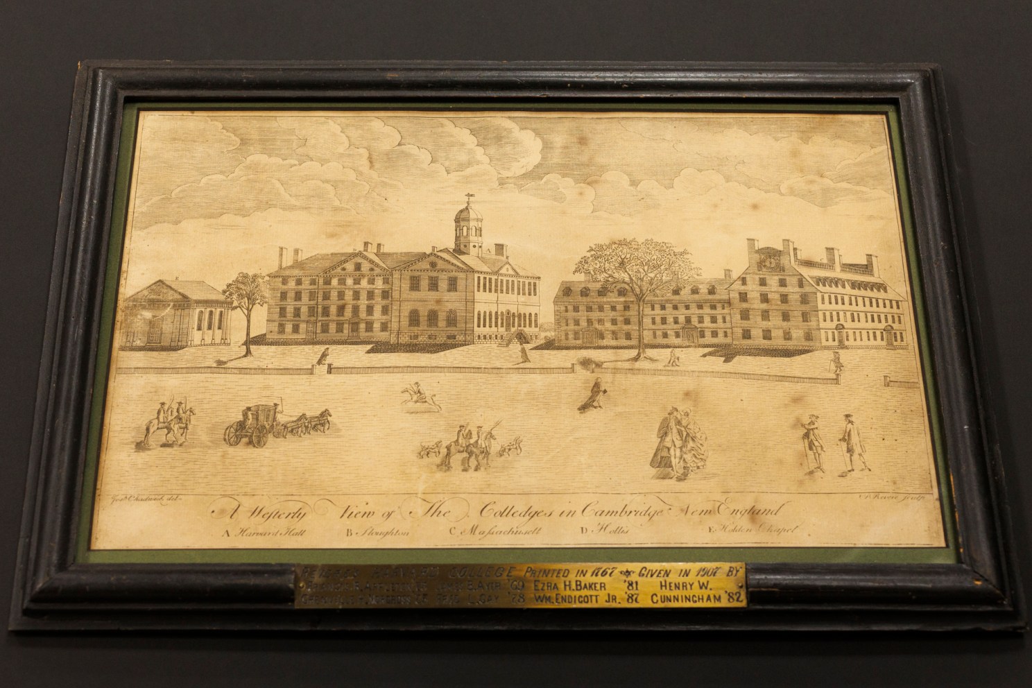 A photo of an engraved view of the college created by Paul Revere (1767). 