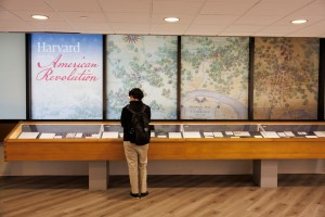 A visitor to the exhibit looks at materials on display.