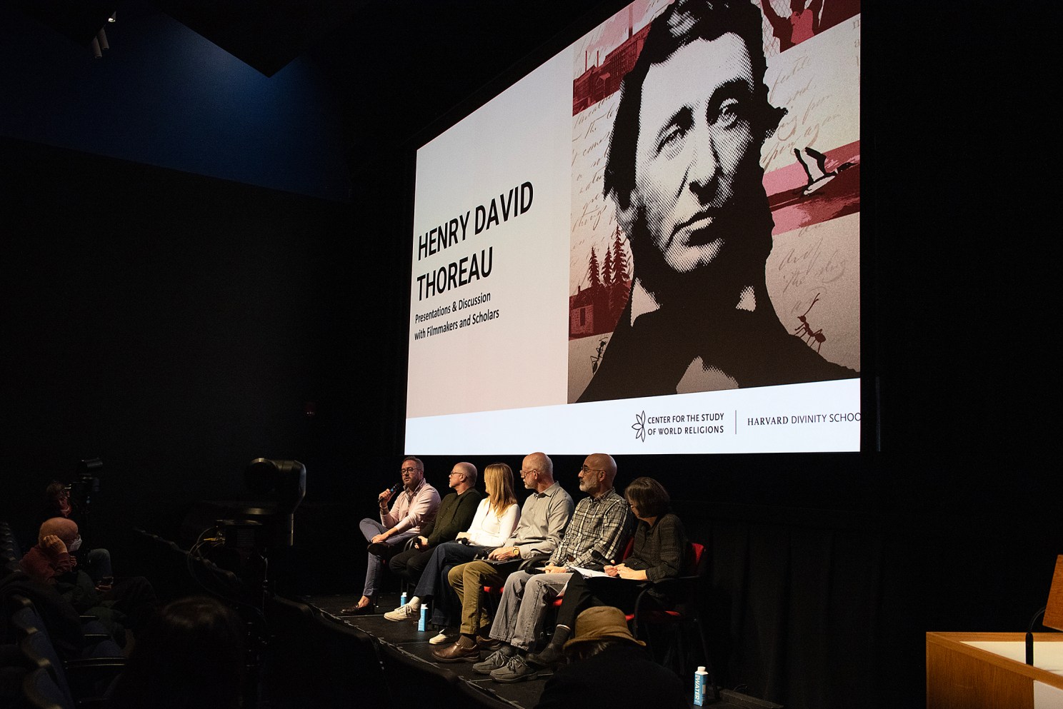 Christopher Loren Ewers, Erik Ewers, Susan Shumaker, Jeffrey S. Cramer, John J. Kucich and Rebecca Kneale Gould, answer questions following a screening of Henry David Thoreau at Harvard’s Carpenter Center for the Visual Arts.