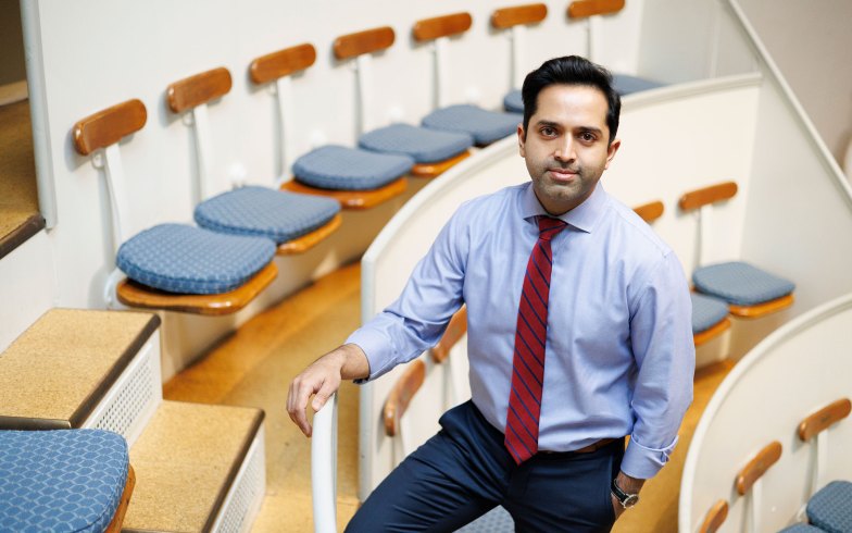 Romit Bhattacharya is pictured in the Ether Dome at Massachusetts General Hospital.