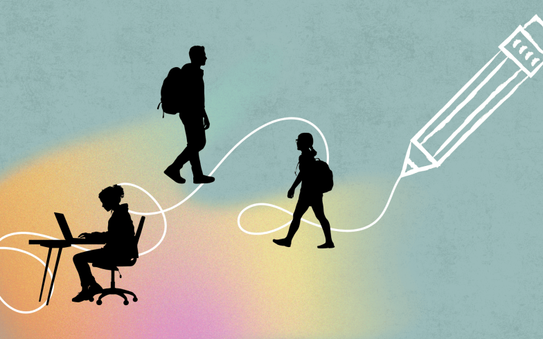 students walking on a line drawn by a pencil