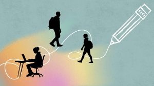 students walking on a line drawn by a pencil