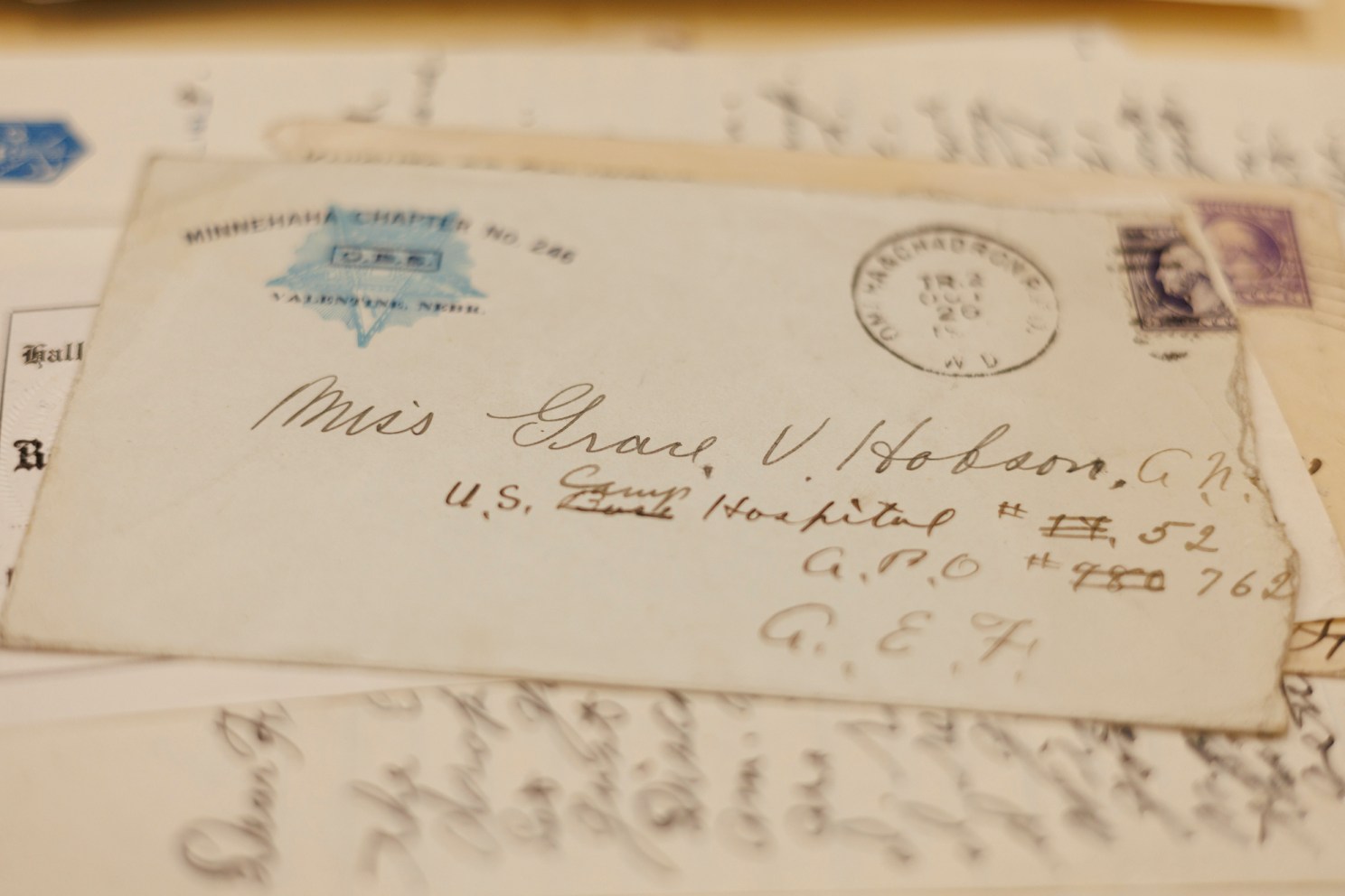 
A series of hand-written letters are shown in the scrapbook of Hobson during her World War I service in France with the Army Nurse Corps. 